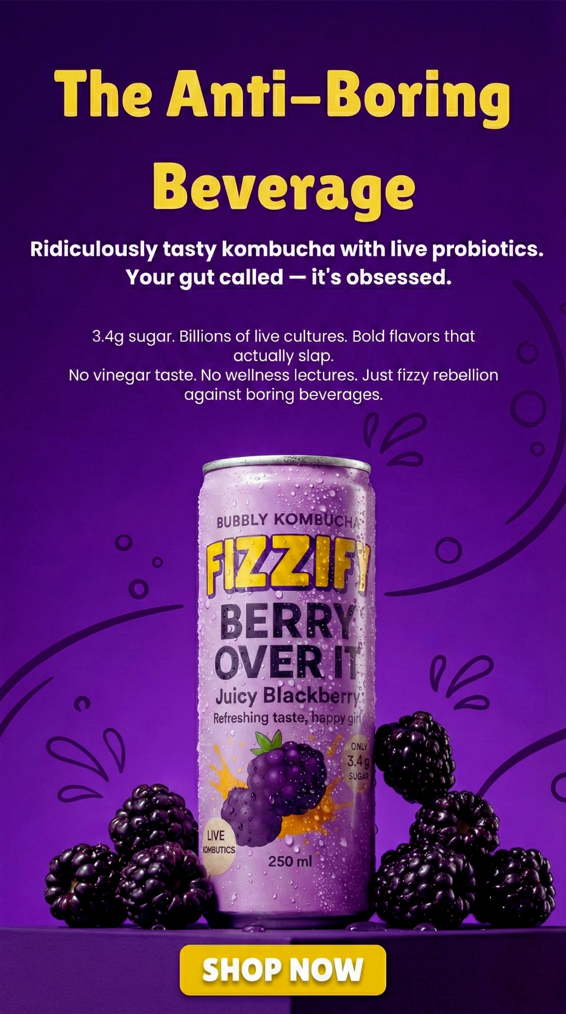 Fizzify Berry Over It blackberry kombucha 250ml can with purple background and fresh blackberries - low sugar probiotic kombucha drink